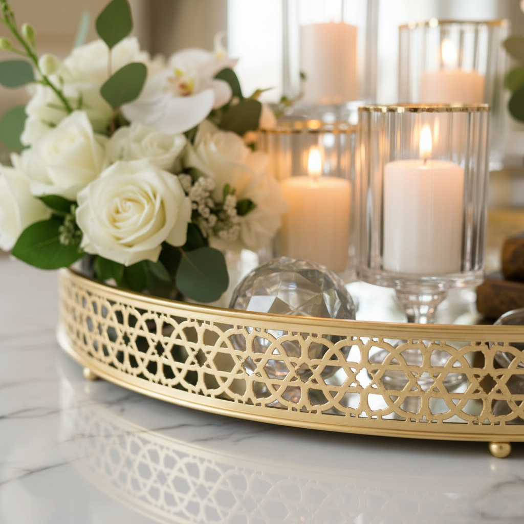 Close-up macro shot of intricate Arabic geometric engraving on polished luxury gold tray