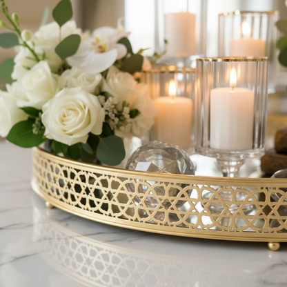 Close-up macro shot of intricate Arabic geometric engraving on polished luxury gold tray