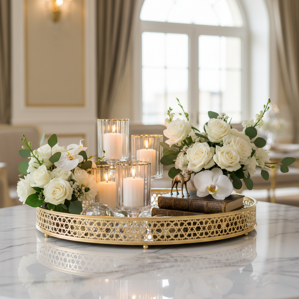 Luxury ornate Arabic geometric pattern decorative gold tray styled with candles and flowers on marble surface