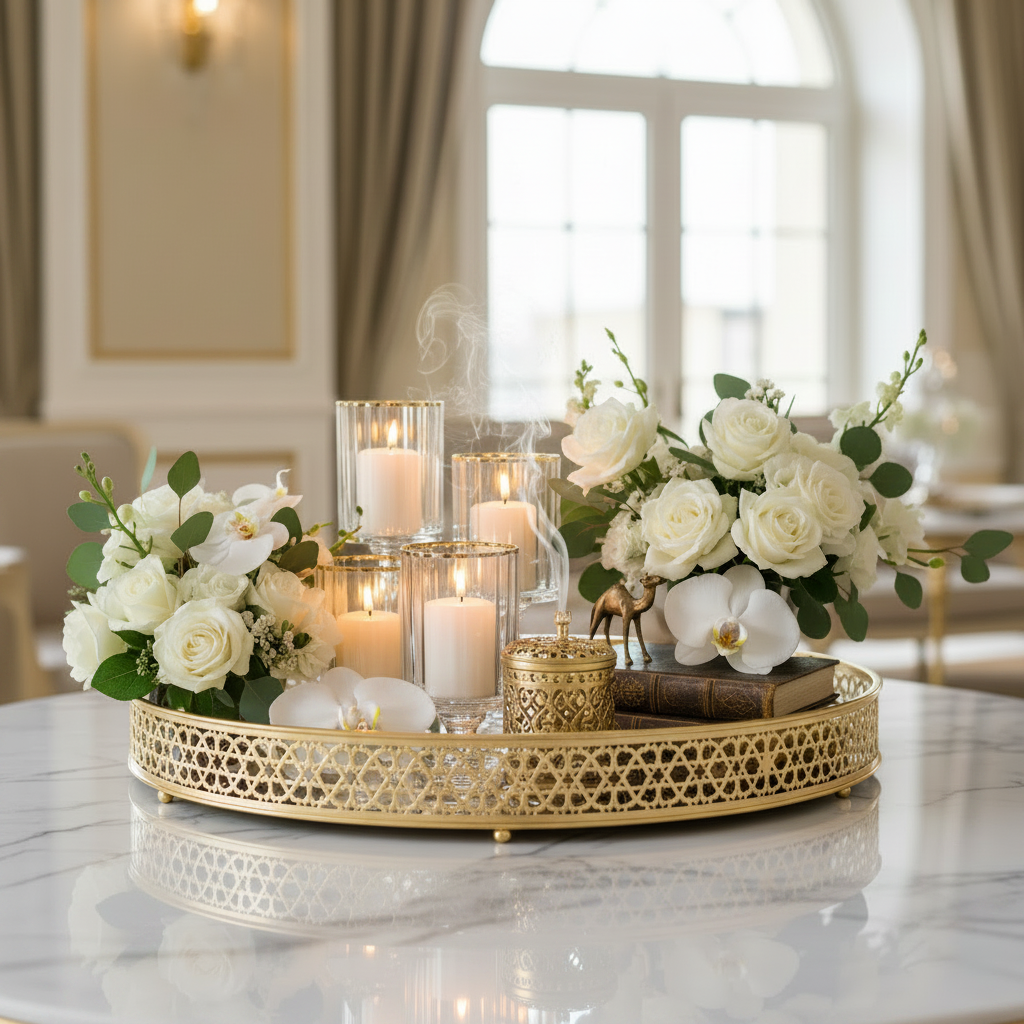Luxury Arabic gold tray styled on console table in elegant UAE luxury living room with candles and orchids