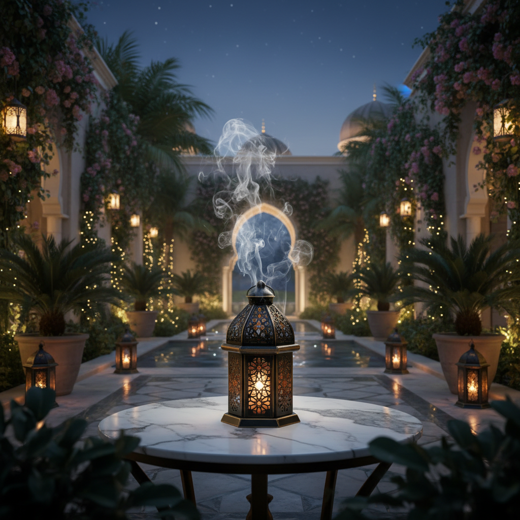 Luxury Arabic lantern glowing in an elegant outdoor Arabian garden setting at dusk