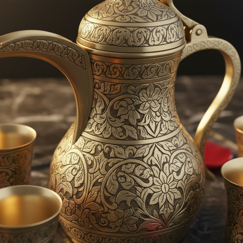 Close-up macro shot of intricate hand-engraved floral patterns on luxury Arabic Dallah coffee pot