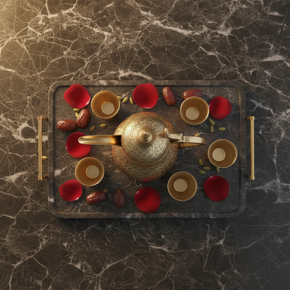Top-down flat lay of luxury Arabic Dallah and Finjan coffee set with dates and cardamom on marble tray