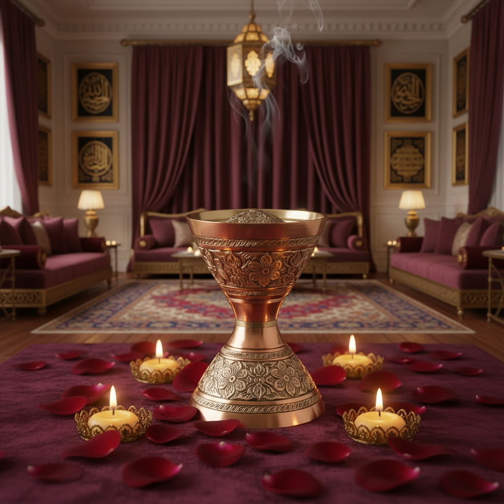 Luxury Oud and Bakhoor burner in an elegant Arabic Majlis living room setting with incense smoke