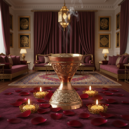 Luxury Oud and Bakhoor burner in an elegant Arabic Majlis living room setting with incense smoke