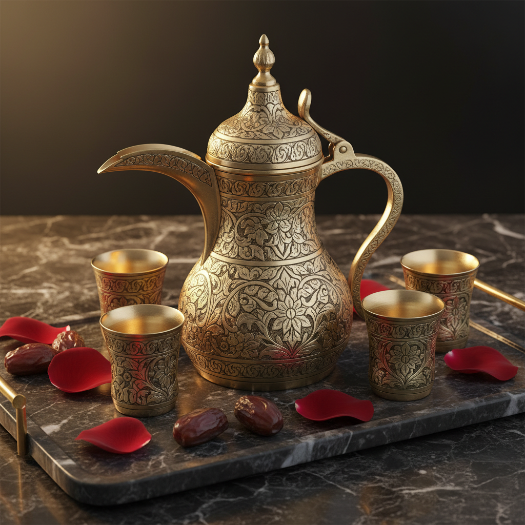 Luxury Arabic Dallah coffee pot and Finjan cups in antique gold and brass with intricate engraved patterns