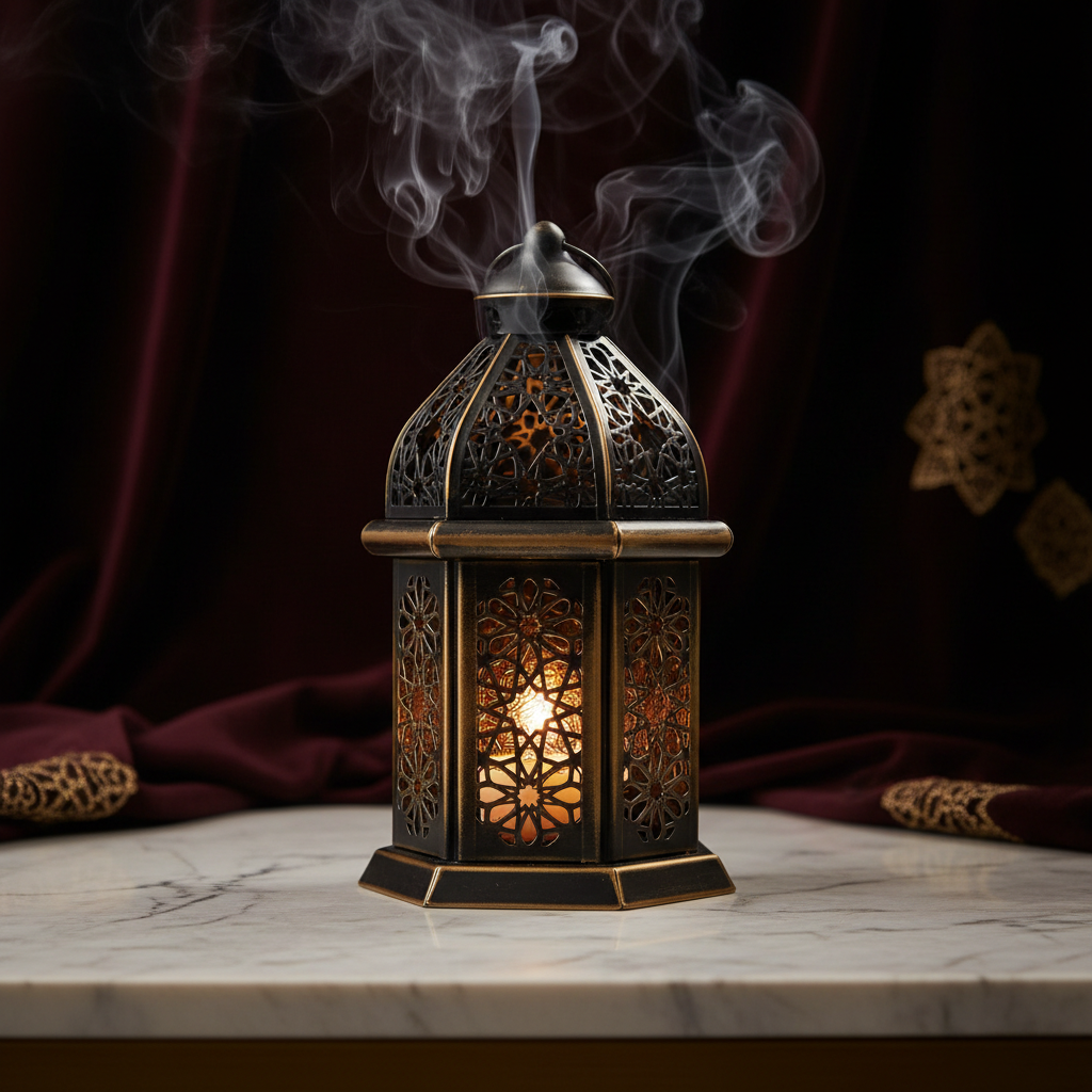 Luxury ornate Arabic lantern in antique gold and black metal with Islamic geometric patterns