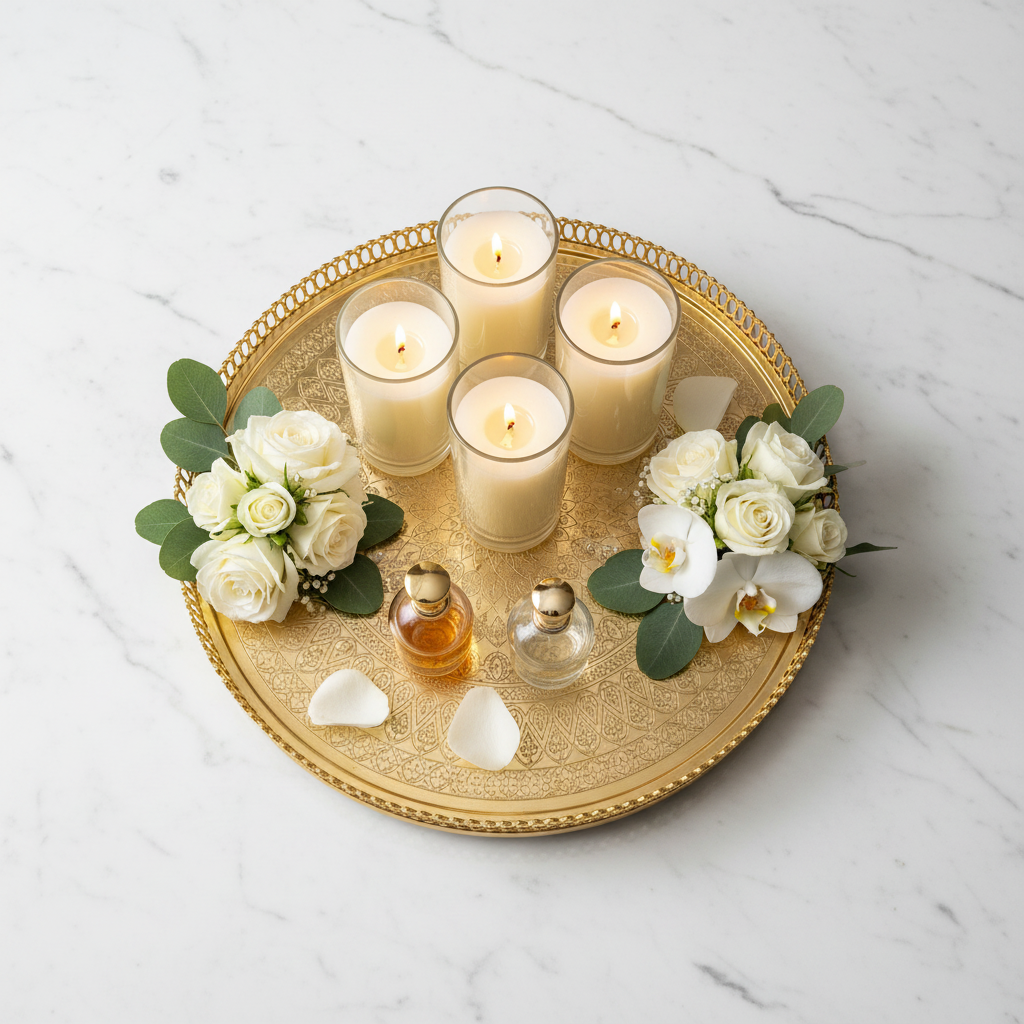 Top-down flat lay of luxury Arabic gold tray styled with candles and flowers on marble surface