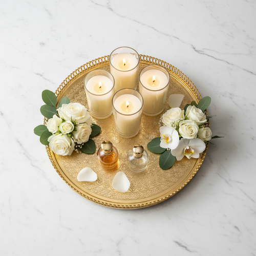 Top-down flat lay of luxury Arabic gold tray styled with candles and flowers on marble surface