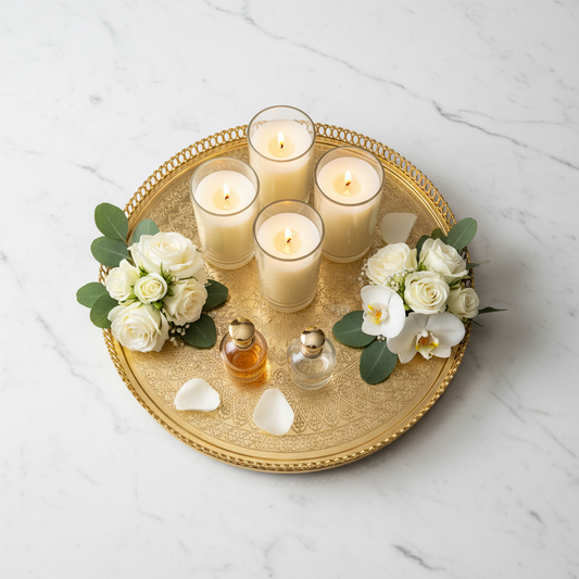 Top-down flat lay of luxury Arabic gold tray styled with candles and flowers on marble surface