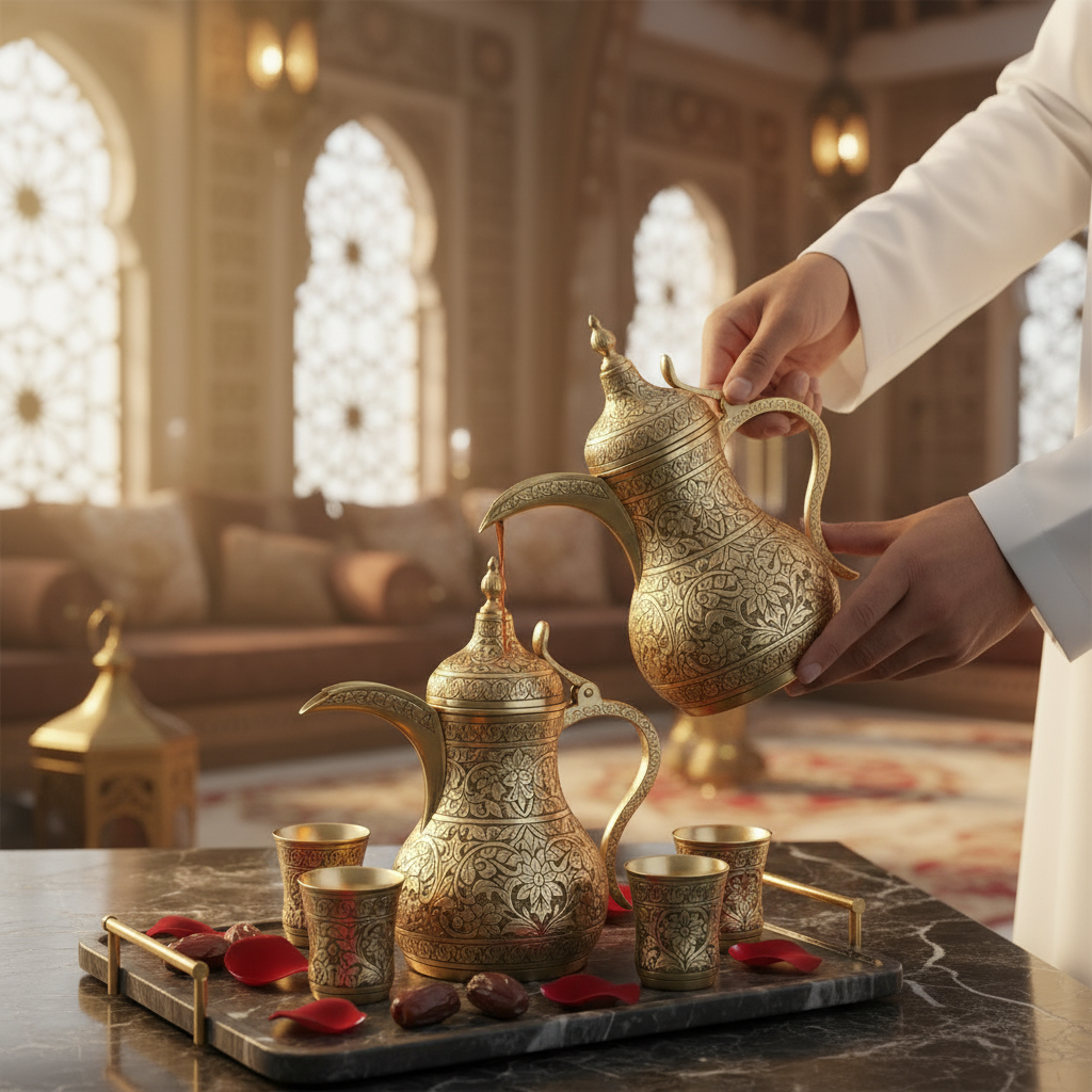 Luxury Arabic coffee set being poured in an elegant majlis setting