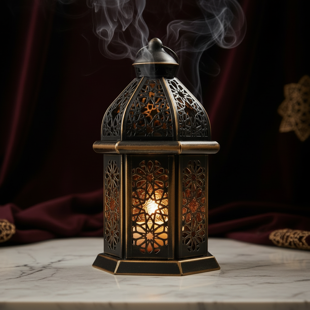 Close-up macro shot of intricate Islamic geometric cutout patterns on luxury Arabic lantern