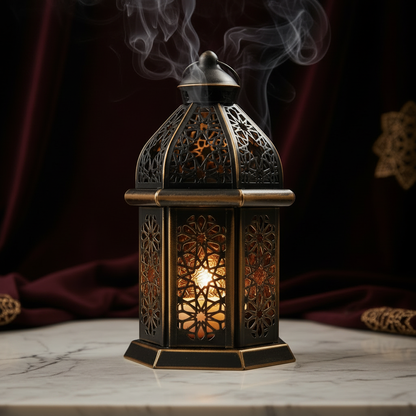 Close-up macro shot of intricate Islamic geometric cutout patterns on luxury Arabic lantern