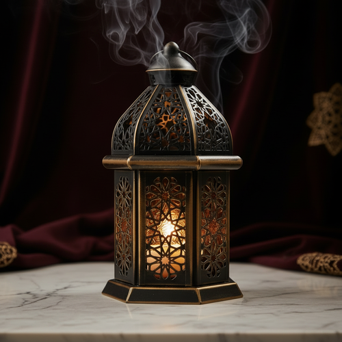 Close-up macro shot of intricate Islamic geometric cutout patterns on luxury Arabic lantern