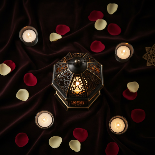 Top-down flat lay of luxury Arabic lantern with rose petals and candles on dark velvet